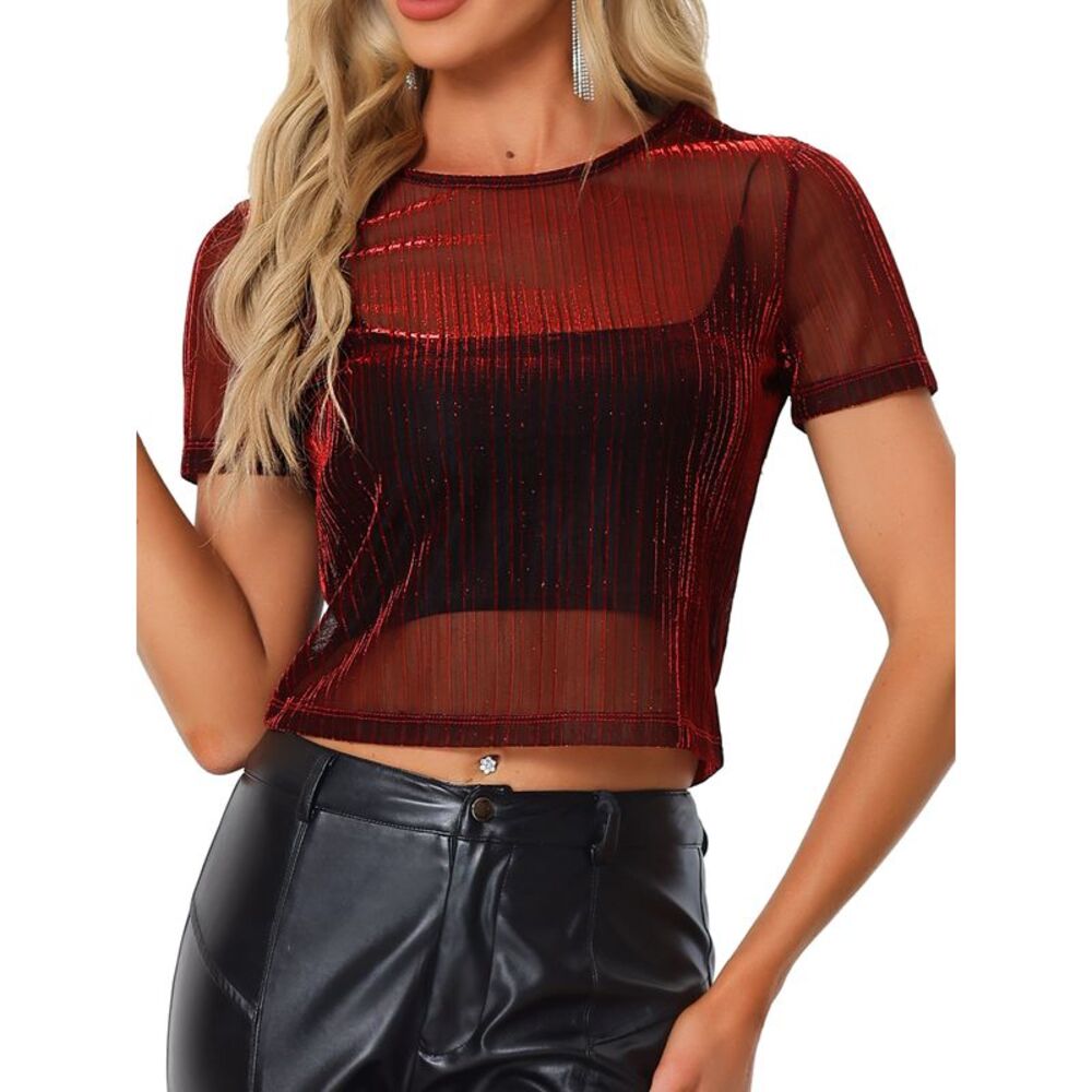 Mesh Crop Top Short Sleeve Metallic See Through Shirts Red